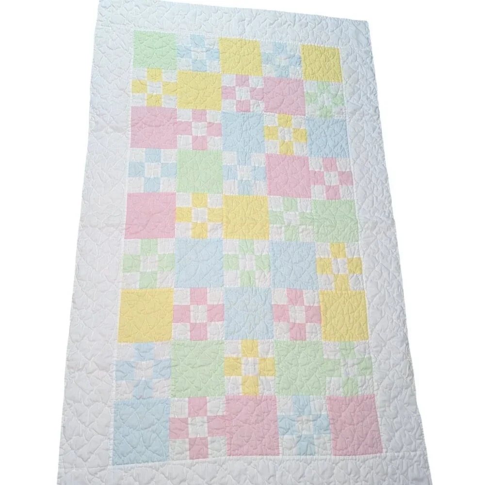 Vintage Hand Stitched Baby Crib Quilt Color Block Bears Gender Neutral 37x61